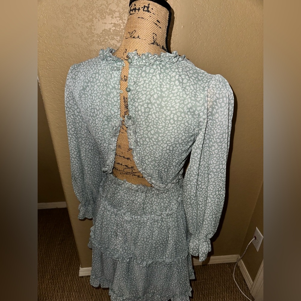 Fall Spring Deep V Neck Ruffle Long Sleeve Floral Print Mini Dress - Picture 4 of 9